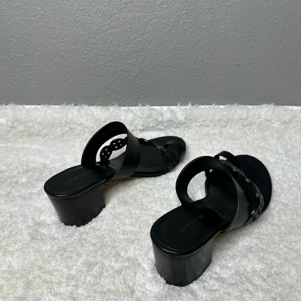 Tory Burch Tiny Miller Black Leather Toe Ring Block Heel Sandals Size 9M women’s - Picture 6 of 7
